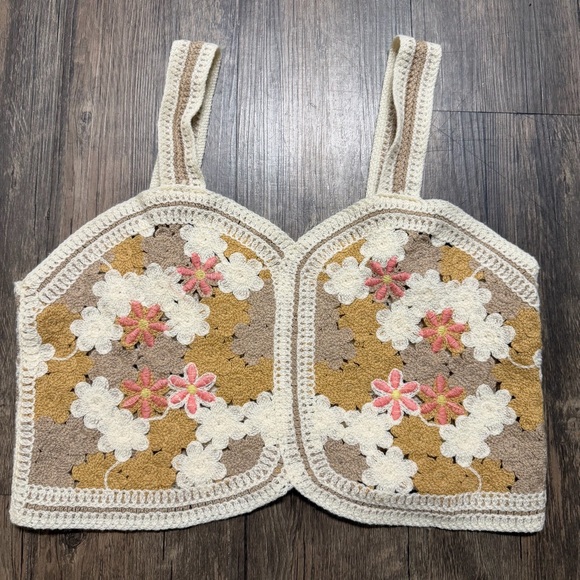 Handmade Knit Crochet Stitch Floral Granny Square Cami Crop Tank Top Boho Pool M - Picture 4 of 10